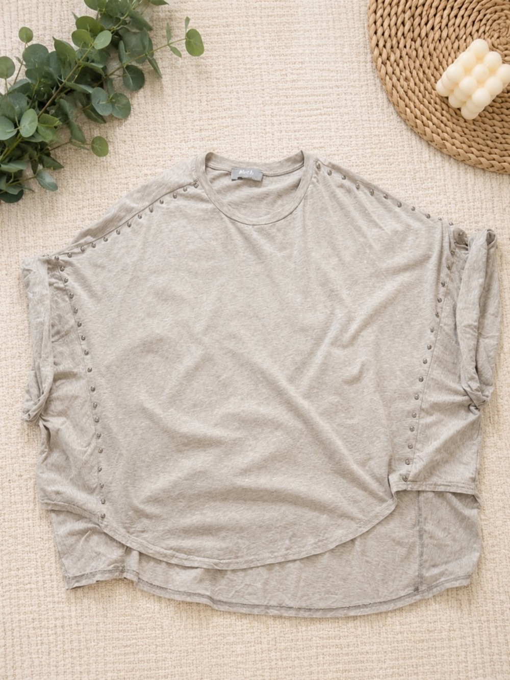 Blue B Studded Dolman Sleeve Tunic Top | Oversized Neutral Grey Tee | Size L